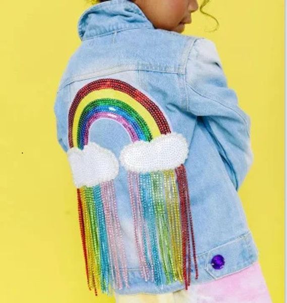 Girlymax Herbst/Winter Langarm Outfits Baby Mädchen Denim Jacke Mantel Regenbogen Pailletten Quaste Kinder Boutique Kinder Kleidung 240202