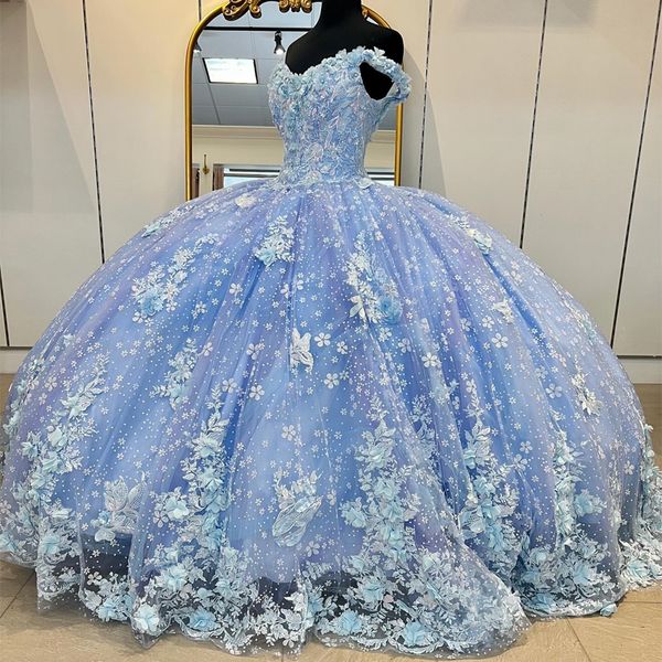 Himmelblaue Quinceanera-Kleider, ärmellos, Kristall-Pailletten, Ballkleid, schulterfrei, 3D-Blumen, Tüll-Korsett, Vestidos Para XV 15 Jahre