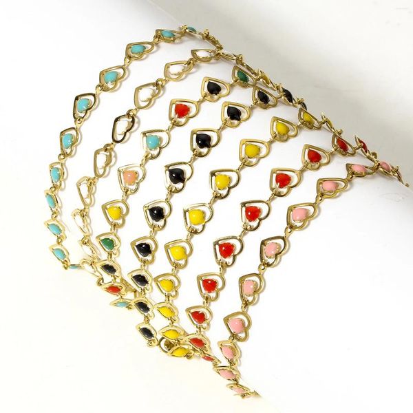 Link pulseiras 1pc 304 pulseira de aço inoxidável cor de ouro corrente coração dupla face esmalte feminino festa jóias 17cm longo
