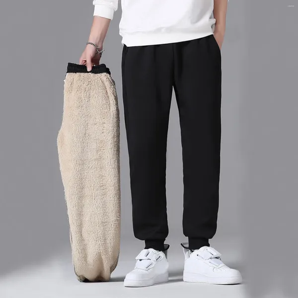 Calças masculinas casuais calças quentes de comprimento total leggings de pelúcia sólida masculina calça bolso cordão inverno esporte ao ar livre calças ropa hombre