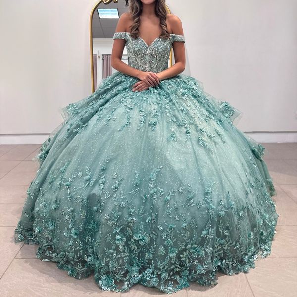 2024 Aqua Blue Off The Shoulder Quinceanera Kleider Perlen funkelnde Partykleider Formale Applikationen Kristallkleid Vestidos De 15