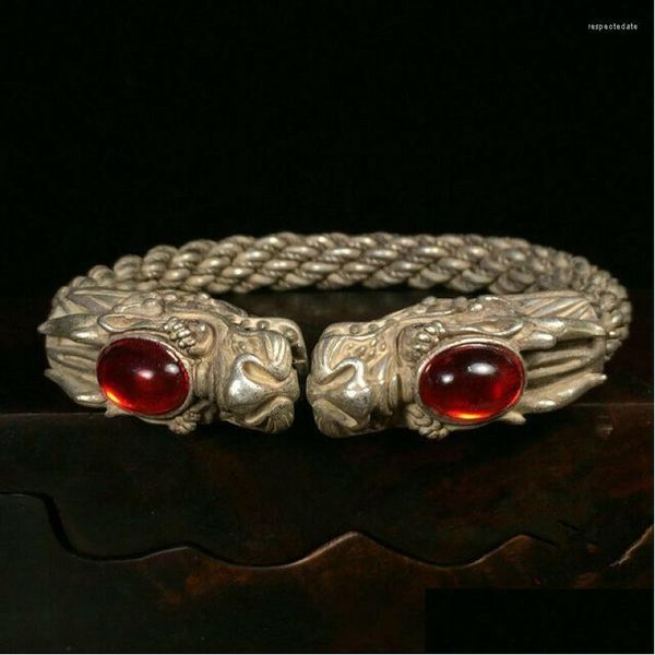 Bracciale da collezione con rubino cinese Tibet Sier, lavoro manuale, drago di buon auspicio, braccialetto con consegna a goccia, gioielli, bracciali Dhpu5