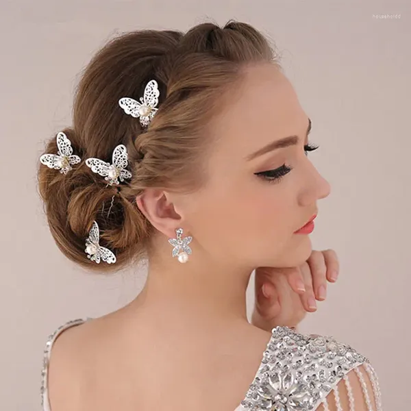 Fermagli per capelli Accessori da sposa Gioielli di perle Copricapo Fascino Placcato in argento Farfalla a forma di U Bastoncini per capelli per sposa F1608