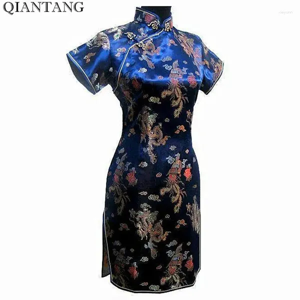 Abiti casual Taglie forti 3XL 4XL 5XL 6XL Mini Cheongsam Blu navy Abito vintage Qipao da donna in stile cinese Vestido corto S M L XL XXL