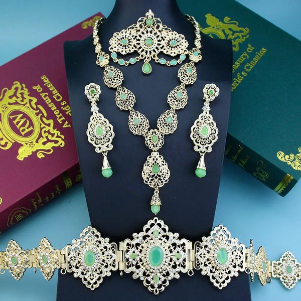 Sunspicems Chic Arabisch Braut Schmuck Sets Für Frauen Gold Farbe Kristall Marokko Gürtel Halskette Kaftan Brosche Ohrring Muslimischen 240202