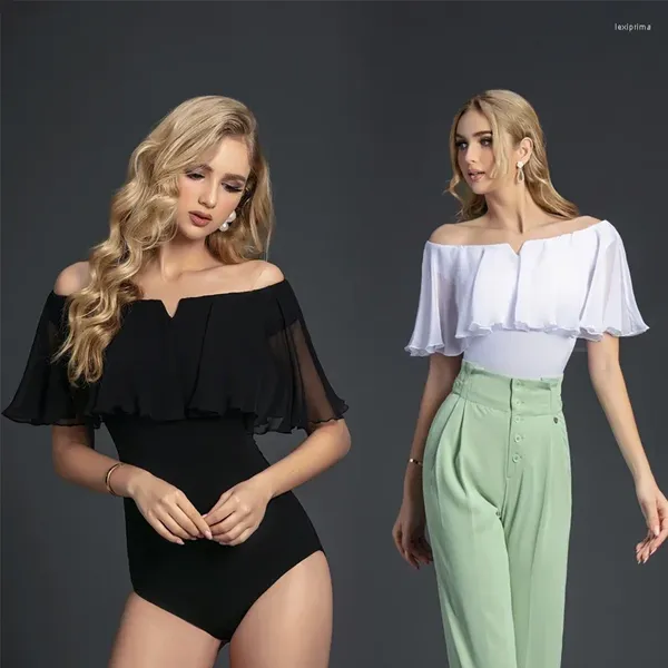 Stage Wear Moda Mulheres Preto Branco Ruffles Modern Dance Tops Latin Bodysuit Ballroom Rumba Samba Dancewear Adultos Prática Top SL7183