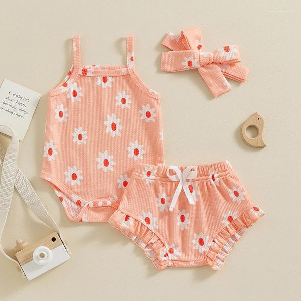 Kleidungssets 3-teiliges Kleinkind-Baby-Mädchen-Sommer-Outfit, ärmellos, Spaghettiträger, Blumendruck, Strampler, Rüschen, Shorts, Heaband, Kleidungsset