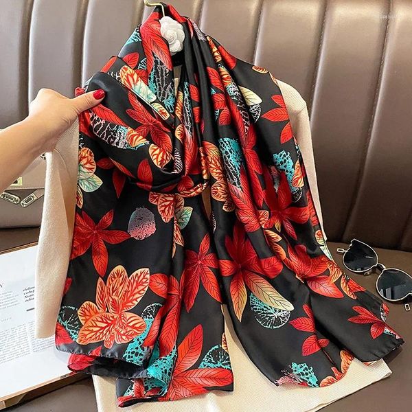 Lenços 2024 Espanha Luxo Lenço de Seda Mulheres Marca Vintage Ramo Floral Xales Senhora Envoltório Pescoço Snood Foulards Pashmina Roubou 180 90cm