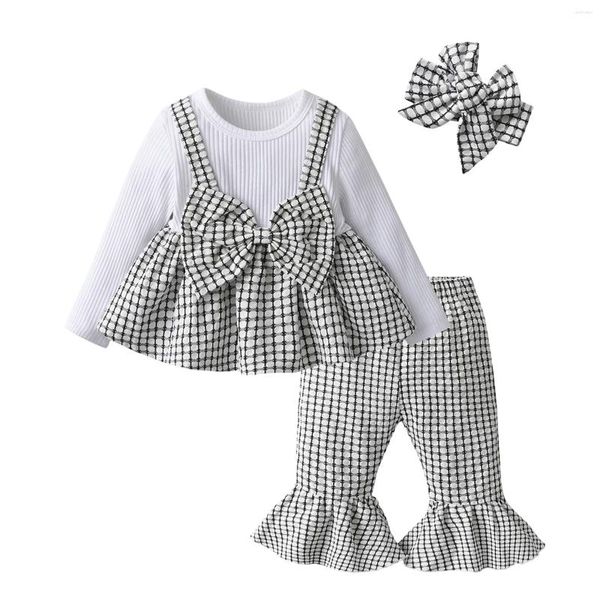 Комплекты одежды От 1 до 3 лет для маленьких девочек, весенне-осенний комплект одежды, футболка с длинными рукавами и круглым вырезом, бантом и расклешенные брюки, повязка на голову