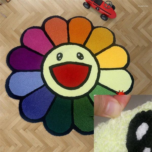 Tappeti 75/100 cm Cartoon Sun Flower Tappeto rotondo antiscivolo Parco giochi per bambini Peluche Tavolino Tappetini Living Room Decor Carino Tappetino