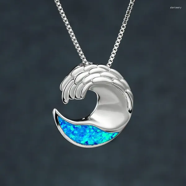 Anhänger 925 Sterling Silber Kette Halskette Mode Ozean Welle Anhänger Geometrische Blau Opal Stein Verlobung Halsketten Für Frauen