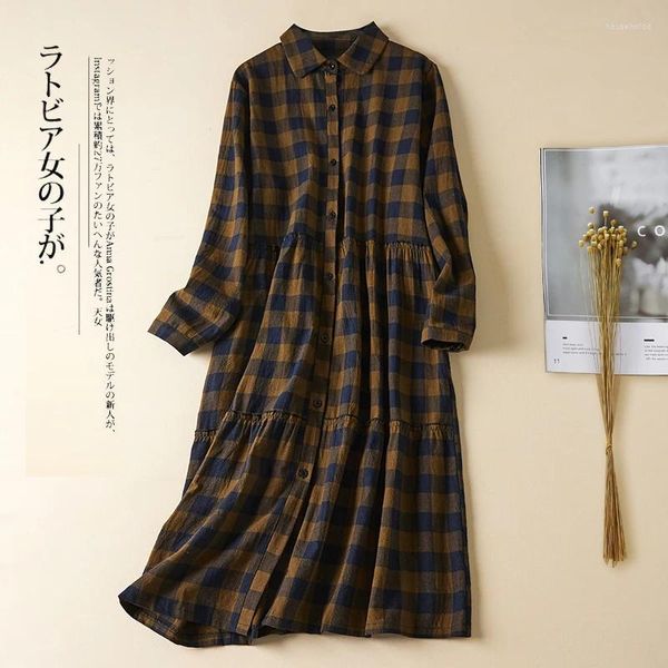 Vestidos casuais estilo japonês algodão linho único breasted vintage outono xadrez blusa vestido senhora trabalho moda mulheres primavera