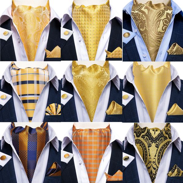 DiBangu Jacquard Cravat 3 peças conjunto amarelo paisley tecido ascot gravata abotoaduras bolso quadrado moda masculina casual cachecóis acessórios 240124