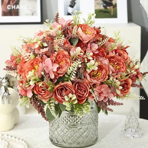 Flores decorativas simulação peônias buquê de seda falso casamento artificial planta verde floral laranja são tome peônia decoração do jardim