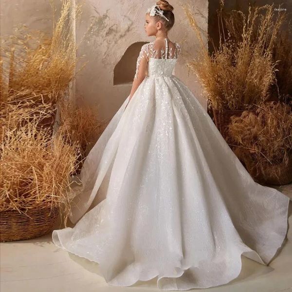 Mädchen Kleider Weißes Satin Perlen Blumenkleid Für Hochzeit Pailletten Volle Ärmel Kind Erstkommunion Geburtstagsfeier Ballkleider