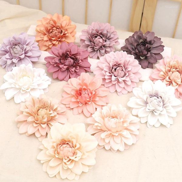 Flores decorativas 5 pçs dália cabeças artificiais para casamento decoração de natal rosa diy grinalda caixa de presente scrapbook seda falsa flor cabeça