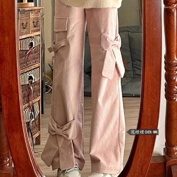 Calças femininas qweek doce rosa arco veludo mulheres y2k vintage bonito cintura alta carga harajuku retro casual larga perna calças preppy