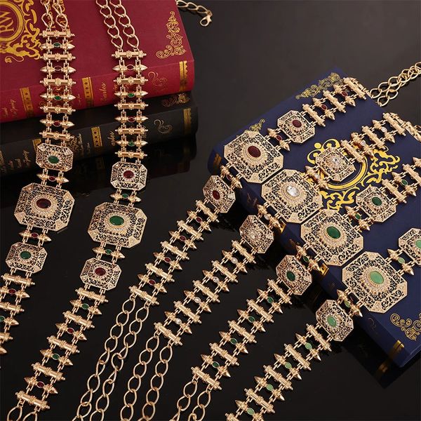 Винтажный металлический пояс с кристаллами для женщин, с полым цветком, марокканское свадебное платье, золотой цвет, регулируемый комплект ювелирных изделий 240118