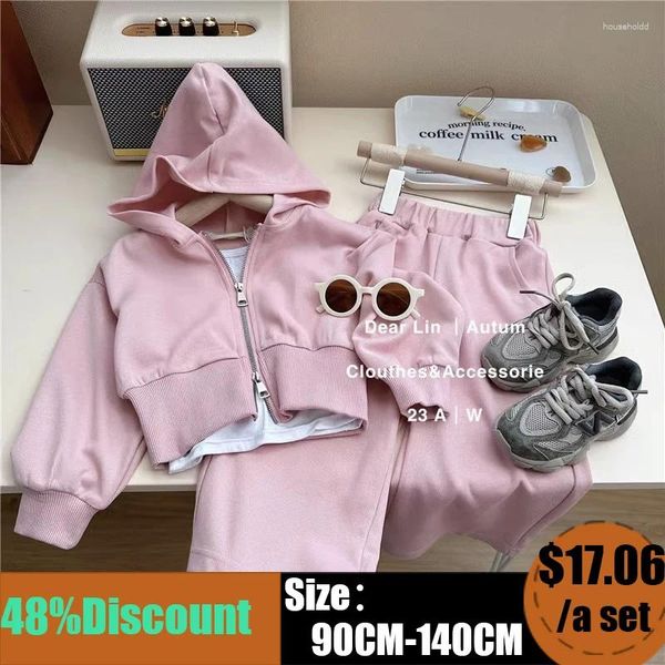 Kleidung Sets Koreanische Anzug Für Mädchen Rosa Hoodies Kinder Mantel Hosenträger Gerade Bein Hosen Kinder 3 Stück Set