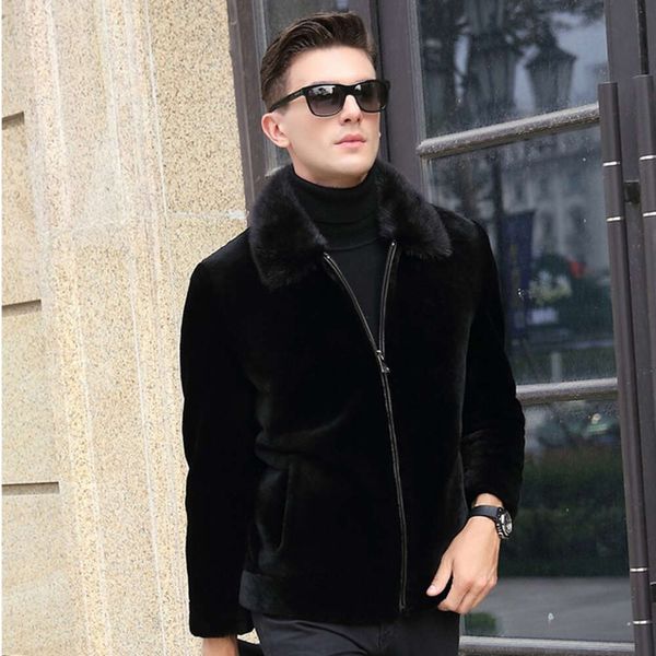 Designer vison velo grande tamanho engrossado imitação casaco de pele para homens versão coreana fino ajuste curto pele cabelo suporte pescoço gal0