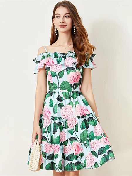 Vestidos casuais 2024 runway hydrangea floral vestido de verão feminino corte frio ombro folhas verdes flor impressão menina sundress festa
