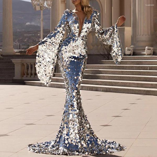 Casual Kleider 2024 Frauen Elegante Abendkleid Sexy Pailletten Tiefem V-ausschnitt Langarm Party Maxi Mode Meerjungfrau Trompete Silber Abendkleider