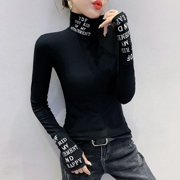 Preto branco manga longa tshirt mulheres letras impressas t camisa femme elástico harajuku apertado gola alta mulher algodão 240201