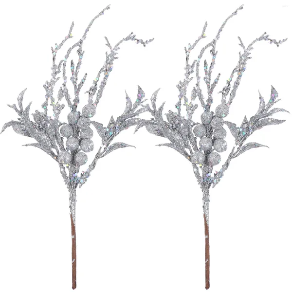 Fiori decorativi 2 pezzi Decorazione per albero di Natale Decorazioni con foglie glitterate Foglie Decorano bouquet fai-da-te Stelo Spray Schiuma Picks Spray