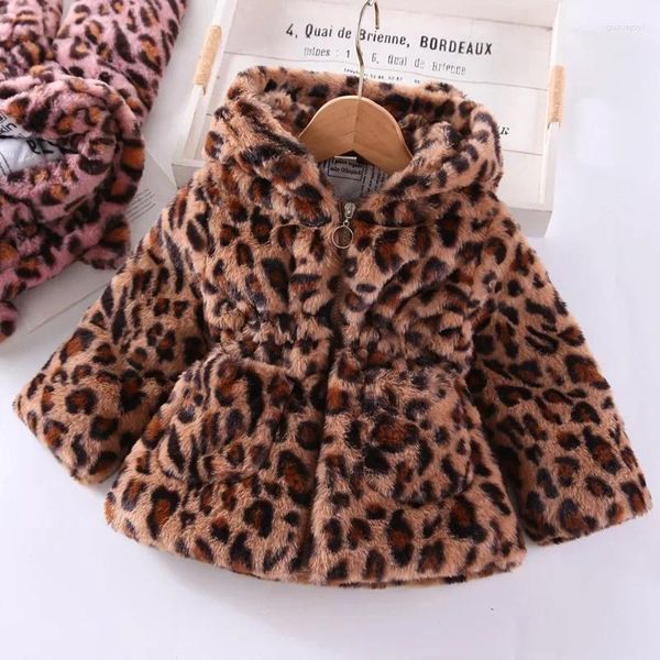 Piumino Autunno Inverno Peluche Giacca per bambina Moda Stampa leopardata Calda pelliccia sintetica per Capispalla con cappuccio 2-8 anni Abbigliamento per bambini