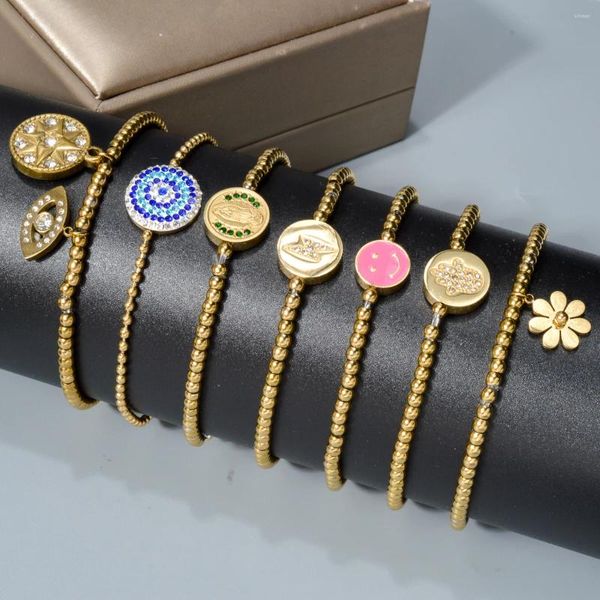 Link pulseiras de aço inoxidável contas redondas estiramento pulseira para meninas 18k banhado a ouro geometria na mão boho feminino jóias presentes