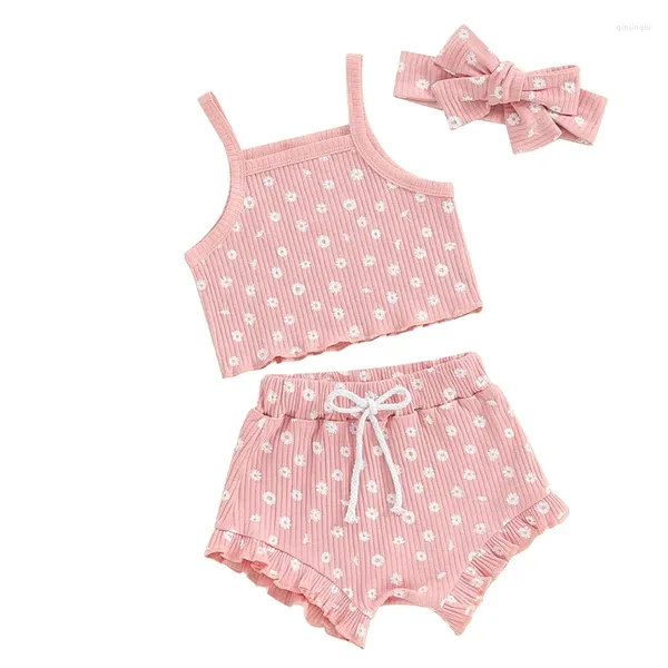 Kleidungssets Baby Mädchen Kleidung Blumendruck Ärmelloser Strampler Rüschen Bloomer Shorts Stirnband Set Kleinkind Sommer Outfits