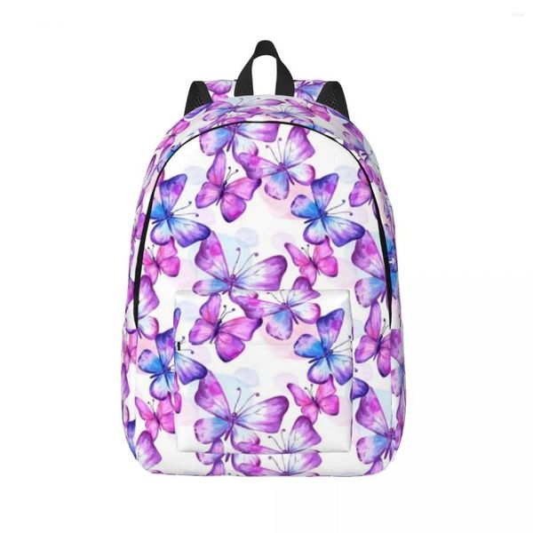 Mochila borboletas em aquarelas inseto voando roxo estética mochilas estudante trekking impressão sacos de escola personalizado