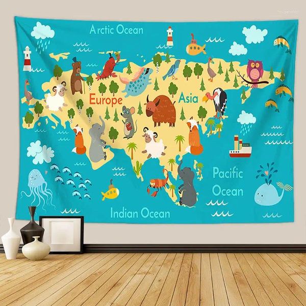 Tapeçarias estilo nórdico animal mapa do mundo tapeçaria parede pendurado quarto infantil poliéster toalha de praia poliéster fino cobertor yoga xale tapete