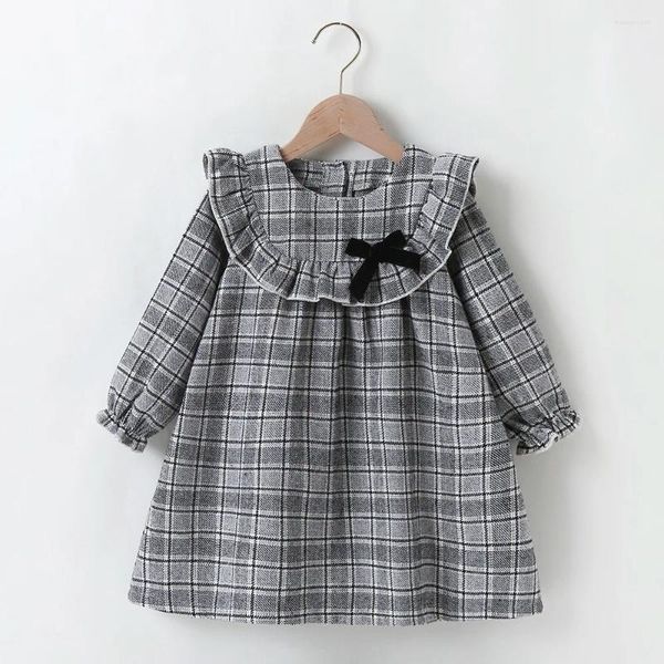 Mädchen Kleider Herbst Winter 2024 Eingetroffen Mädchen Nette Lange Hülse Grau Plaid Schwarz Bogen Süße Baby Kleid Vestidos 18M-6T