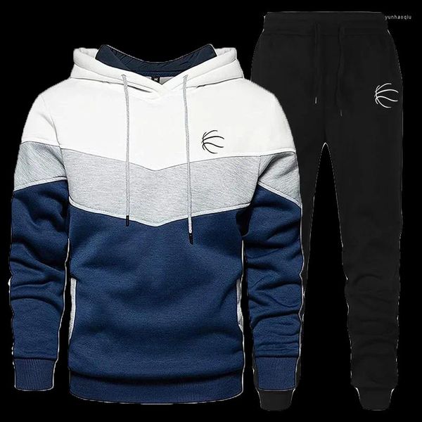 Erkeklerin Takipleri Sonbahar/Kış Trendy Hoodie Sweatshirt Sweatpants Patchwork Patchwork Sportswear Moda Baskılı 2 Parçalı Set