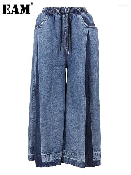 Jeans femininos eam azul marinho denim cor-bloco perna larga cintura alta solta calças femininas moda maré primavera outono 2024 1de765817