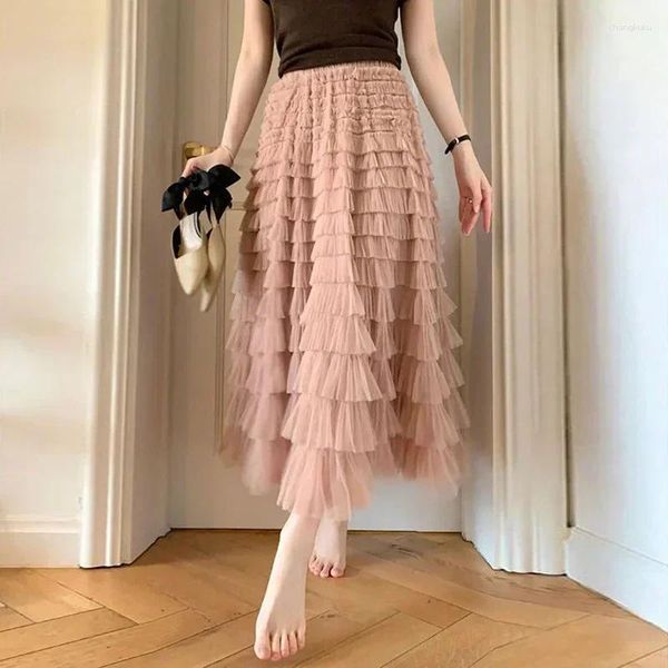 Röcke Tutu Kuchen A Linie Frauen Elegante Cascading Rüschen Lange Weibliche Casual Elastische Taille Party Spitze Rock Falda