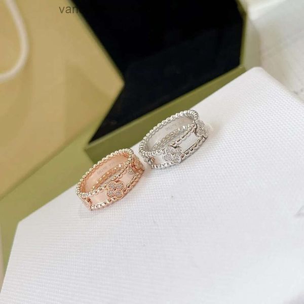 Ringe Plettere Bandringe Sweet Clovers Van Brand Designer Sterling Silber 18 Karat vergoldet Vierblättriges Kleeblatt Kristall Breiter Verlobungsring