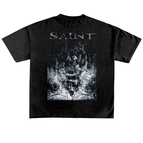 Homens camisetas Saint Michael Dark Virgin Manga Curta Vintage High Street Angustiado T-shirt Americano Lavado