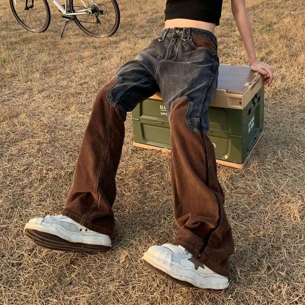 Erkek pantolon Amerikan sokak kişiliği hip-hop erkekler ve kadınlar gevşek takma kadife patchwork kot pantolon yüksek düz bacak rahat