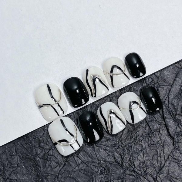 Накладные ногти Emmabeauty Black White Art Ручная роспись Съемные многоразовые высококачественные прессы ручной работы для ногтей. № C680