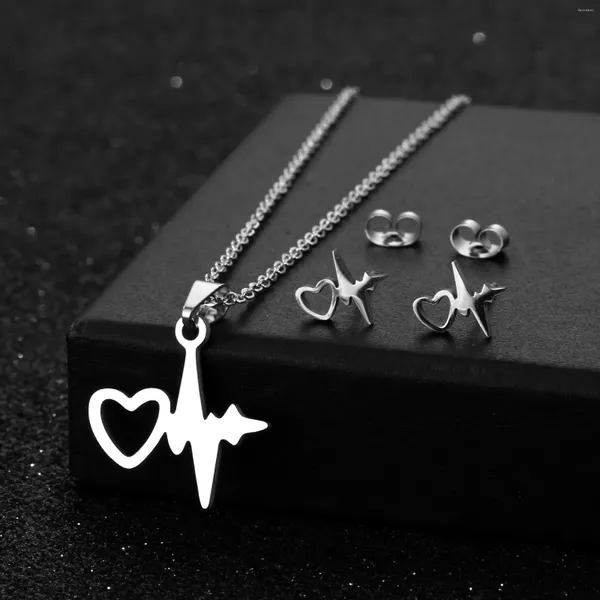 Ожерелье и серьги, комплект ювелирных изделий, модная цепочка в форме сердца с ЭКГ, воротник из нержавеющей стали, женская цепочка
