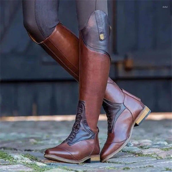 Stivali da donna alti al ginocchio in pelle vintage patchwork stivali lunghi da cavaliere con plateau scarpe invernali femminili con lacci dritti con cerniera posteriore