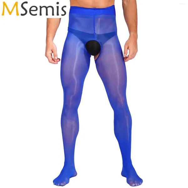 Meias masculinas lingerie porno meias meias ver através crotchless sexy meia-calça brilhante suave meados de cintura leve elástico leggings