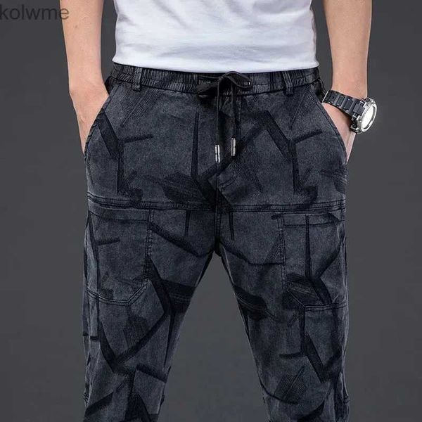 Herren Jeans Bedruckte Jeans Herren Stretch Freizeithose Jacquard Denim Bleistifthose Kordelzug Jogginghose Männer Röhrenjeans Mode Streetwear YQ240205