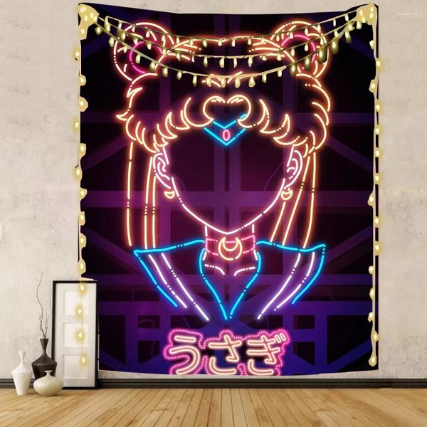 Tapeçarias neon anime tapeçaria bonito marinheiro lua decoração do quarto faculdade dormitório decoração kawaii fada lavagem pendurado rosa