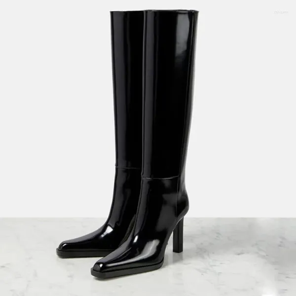 Botas 2024 inverno moda clássico cor sólida joelho cavaleiro para mulheres outono apontado dedo do pé salto alto elegante sapatos de tamanho grande 43