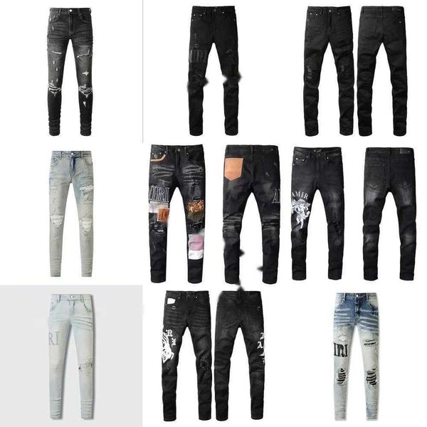 Pantaloni viola marchi viola designer Amirs Jeans uomo jeans di alta qualità Ricami Pantaloni skinny High Street slim fit con buco strappato