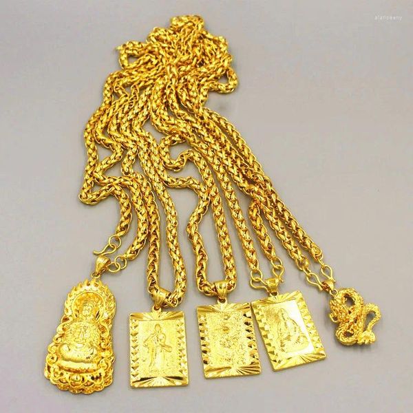 Ciondoli Placcato oro 24K Collana con catene da 50 cm per uomo Grandi collane Buddha Drago cinese Totem Ciondolo gioielli Regali