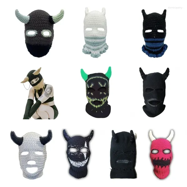 Berets Devil Horn Halloween Chapéu de Malha Beanies Quente Full Face Capa Máscara de Esqui Windproof Balaclava para Homens Mulheres